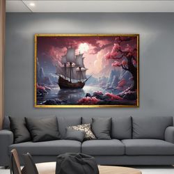 Ship Canvas Art, Ship and Pink Tree Wall Art, Rowing Boat Art, Seascape Wall Art, Sailing Ship Canvas Print, Sailboat La