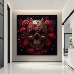 Skull in Red Roses Canvas Painting, Bloom Skull Canvas Print, Floral Sugar Skull Art,Halloween Art Prints