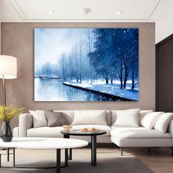 snow landscape forest canvas painting,blue snow poster, winter landscape wall decor, snowy lake landscape canvas print,