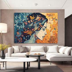 woman canvas painting, puzzle looking woman canvas art, autumn woman wall art, abstract girl canvas paint, modern home d