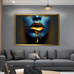 Erotic Gold Lipstick Canvas Art, Erotic Lip Art, Sexy Canvas Painting, Lip Portrait,  Erotic Canvas Gift, Girl Room Wall