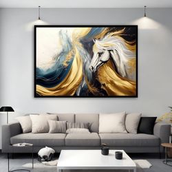 White Horse Painted in Gold and Gray Canvas Art, White Horse Canvas Painting, White Horse Wall Art, Animal Print