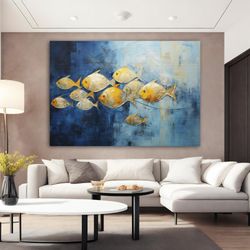 Gold Fish Painting , Fish Poster, Abstract Blue Sea Painting, Fish Canvas Painting