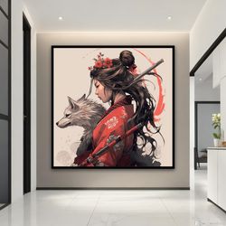 Japanese Anime and Wolf Canvas Painting, Samurai Girl Wall Art, Cartoon Poster, Modern Samurai Woman Canvas Print