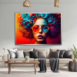 Woman with Glasses Canvas Wall Art, Colorful Girl Canvas Painting, Woman with Flower Crown Canvas Print, Woman Wall Post