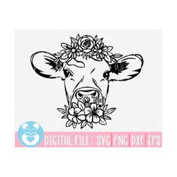 Cow Svg,Cow With Flower Crown Svg,Cow Flower Svg,Cow Floral Svg,Cow Face Svg,Animal Face Svg,Cow Svg Files For Cricut,Si