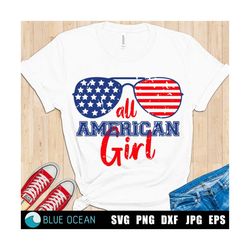 All American girl SVG, 4th of July girl shirt SVG, American flag sunglasses, distressed digital cut files