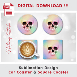 Funny Rainbow Skull Design - Sublimation Waterslade Pattern - Car Coaster Design - Digital Download