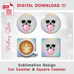Funny Bubble Gum Skull Design - Sublimation Waterslade Pattern - Car Coaster Design - Digital Download