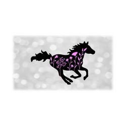 Animal Clipart: Black Horse / Pony / Stallion Silhouette with Dark Pink Flowers Overlaid for Nature Theme - Digital Download svg png dxf pdf