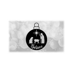 Holiday Clipart: Black Tree Ornament with Cutout Silhouette of Nativity Manger Scene w/ Jesus Mary Joseph Star - Digital Download SVG & PNG