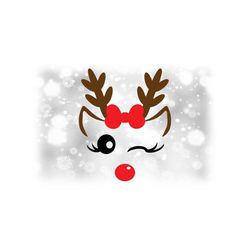 Holiday Clipart: Girl or Female Reindeer with Winking Eye, Eyelashes, Bow, Ears, Antlers, Red Nose for Christmas - Digital Download SVG/PNG