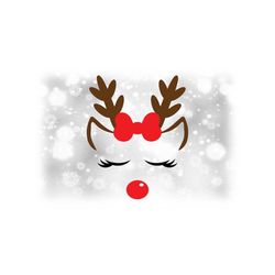 Holiday Clipart: Girl or Female Reindeer w/ Closed Eyes, Eyelashes, Ears, Antlers, Bow, Red Nose for Christmas - Digital Download SVG & PNG