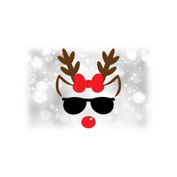 Holiday Clipart: Female / Girl Reindeer with Black Sunglasses, Brown Ears, Antlers, Red Bow & Nose for Christmas - Digital Download SVG/PNG