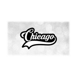 Geography Clipart: Black/White Layered 'Chicago' in Fancy Print Lettering with Baseball Style Swoosh Underline - Digital Download SVG & PNG