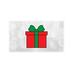 holiday clipart: christmas gift or present silhouette with red box, green ribbon / bow, and black outline - digital download svg & png
