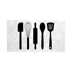 Shape Clipart: Black Solid Silhouettes Of Whisk, Rolling Pin, Spoon And Spatula Utensils undefined Kitchen Theme - Digital Download Svg Png Dxf Pdf