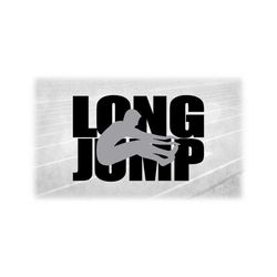 Sports Clipart: Black Words 'Track and Field' with Gray Overlay Long Jump Event Silhouette w/ Male Jumper Jumping - Digital Download SVG/PNG