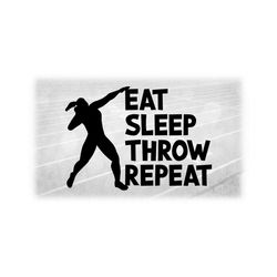 Sports Clipart: Black Silhouette Female Track and Field Shot Put Thrower with Words 'Eat Sleep Throw Repeat' - Digital Download SVG & PNG