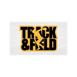 Sports Clipart: Black Words 'Track & Field' w/ Silhouette of Female Discus Thrower Cutout over Yellow - Digital Download svg png dxf pdf