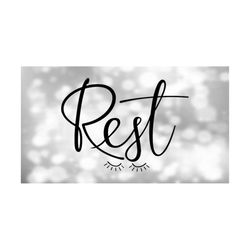 Inspirational Clipart: Fine and Fancy Black Cursive / Script Capitalized Word 'Rest' with Sleepy Closed Eyes - Digital Download SVG & PNG