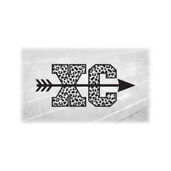sports clipart: bold block letters 'xc' for cross country with arrow through the middle in leopard skin pattern - digital download svg & png