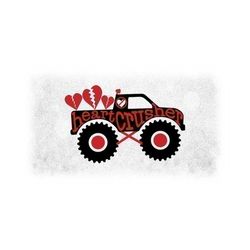 Car/Automotive Clipart: Black Monster Truck w/ Red Words 'Heart Crusher' and Broken Hearts for Valentine's Day - Digital Download SVG & PNG