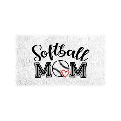Sports Clipart: Black Script Style Word 'Soccer' and Collegiate Style 'Mom' with Softball Ball and Heart - Digital Download svg png dxf pdf