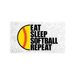 Sports Clipart: Black Words 'Eat Sleep Softball Repeat' with Red/Yellow Ball - Players, Teams, Parents - Digital Download svg png dxf pdf