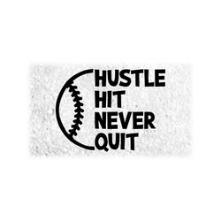 sports clipart: black doodle or hand drawn half softball or baseball outline with words 'hustle hit never quit' - digital download svg & png