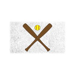 Sports Clipart: Brown Crossed Softball or Baseball Bats Silhouette with Yellow Ball and Red Threads - Digital Download svg png dxf pdf
