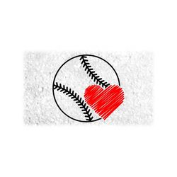 sports clipart: large round black easy softball or baseball outline with scribble red heart for players / moms - digital download svg & png