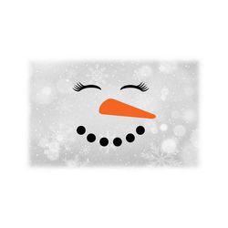 Holiday Clipart: Winter/Christmas Female Smiling Snowman Face, Orange Carrot Nose. Coal Mouth, Happy Closed Eyes - Digital Download SVG/PNG