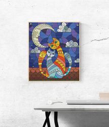 Cats cross stitch pattern Cats on the roof Night sky Cute colorful cross stitch pattern Stained glass embroidery Digital