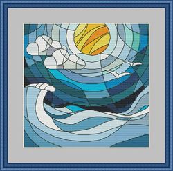 Sea scape cross stitch pattern Digital format PDF Stained Glass Embroidery modern Water Storm Waves cross stitch