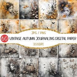Vintage Autumn Journaling Digital Paper | Watercolor, Fall, Shabby, Chic, Junk, Gray Scale, Nature, Flower, Fallen Leave