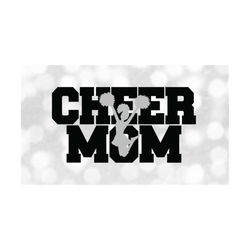 Sports Clipart: Black Words 'Cheer Mom' with Gray Overlay of Jumping Cheerleader Silhouette and Pom Poms - Digital Download svg png dxf pdf