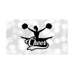 Sports Clipart: Black Cheerleader with Word 'Cheer' in Script Style with Baseball Style Swoosh Cutout - Digital Download svg png dxf pdf