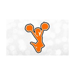 Sports Clipart: Three Color Layers of Cheerleader & Poms Silhouette Jumping with Orange on White on Black - Digital Download svg png dxf pdf