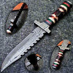 12.5''Custom handmade Damascus steel Bowie Hunting Knife Camping Knife, With Leather Sheath. A14