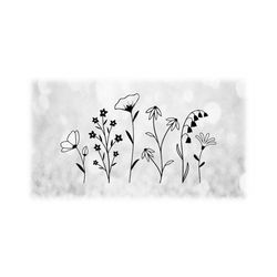 Flower/Nature Clipart: Simple, Thin Black Silhouette Outlines of Six Blooming Wildflowers in a Patch - Digital Downloads in svg png dxf pdf