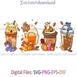 Pooh Fall Coffee Lattes png for Sublimation, Cartoon Pooh Coffee, Pooh Coffee, Print Files, Sublimation, instantdownload