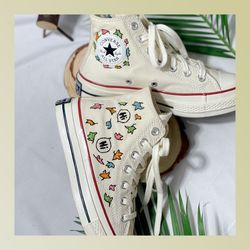 Charlie Spring Converse Embroidered, Nick and Charlie Converse, Chuck Taylor 1970s Custom Design, Leaves Embroidered Con