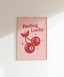 Feeling Lucky Print, Trendy Wall Art, Downloadable Print, Red Wall Art, Cherry 8 Ball, Printable Wall Art, Retro Poster,