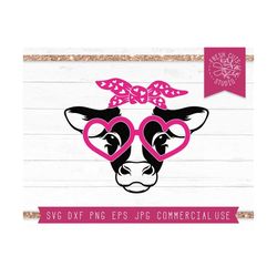 Cow SVG for Girls, Valentine's Day SVG Farm Valentine Cow Cut File for Cricut, Silhouette, Heart Sunglasses, Cow Face, Girl Cow Head Bandana