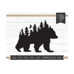 Bear SVG Cut File for Cricut, Rustic Pine Forest Svg, Grizzly Bear svg, Woodland svg, Wildlife Bear Silhouette, Forest Silhouette Dxf Png