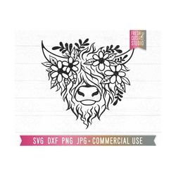 Floral Cow SVG PNG, long haired cow, cow svg cricut cut file, simple cow svg, Scottish cow, highland cow svg, yak cow svg, Floral Crown Cow