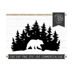 Grizzly Bear SVG Cut Files for Cricut, Bear Silhouette SVG, Forest Bear svg, Bear Forest Moon svg, Wilderness, Bear in the Woods Svg Dxf Png