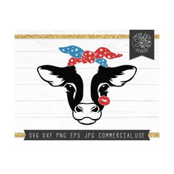 Cow SVG Cut File, Cow Head Svg, Bandana, 4th of July Cow, Cow Face Clipart, Cutting Files for Cricut, Cow with Bandana, Farm Life SVG