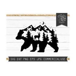 bear svg file, bear in the woods, bear mountain svg, mountains svg, camping svg, pine trees, deer svg buck vinyl decal design, dxf png eps